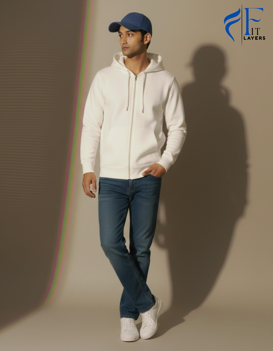 White Cotton Zipper Hoodie