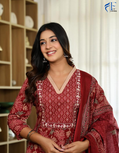 Red Floral Cotton Suit Set