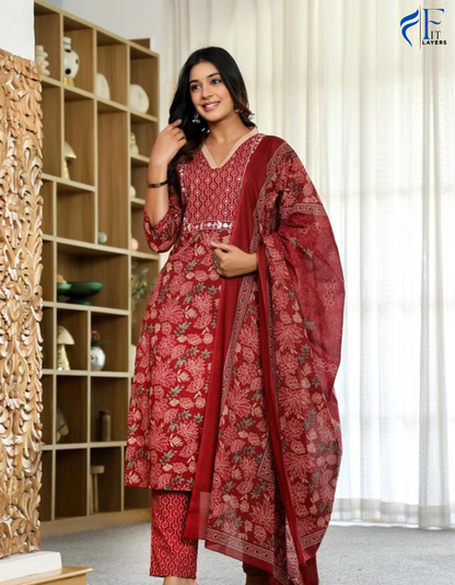 Red Floral Cotton Suit Set