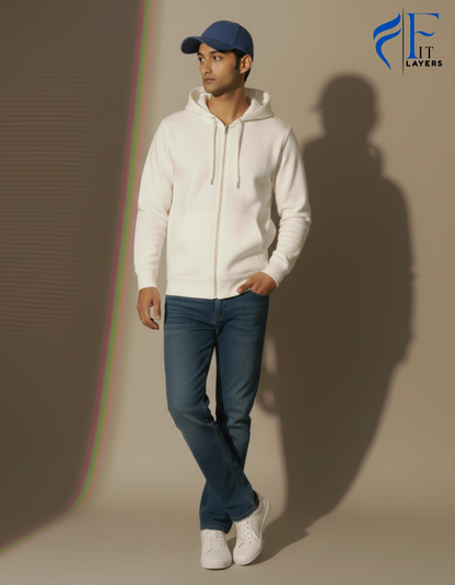 White Cotton Zipper Hoodie