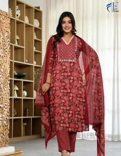 Red Floral Cotton Suit Set