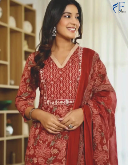 Red Floral Cotton Suit Set